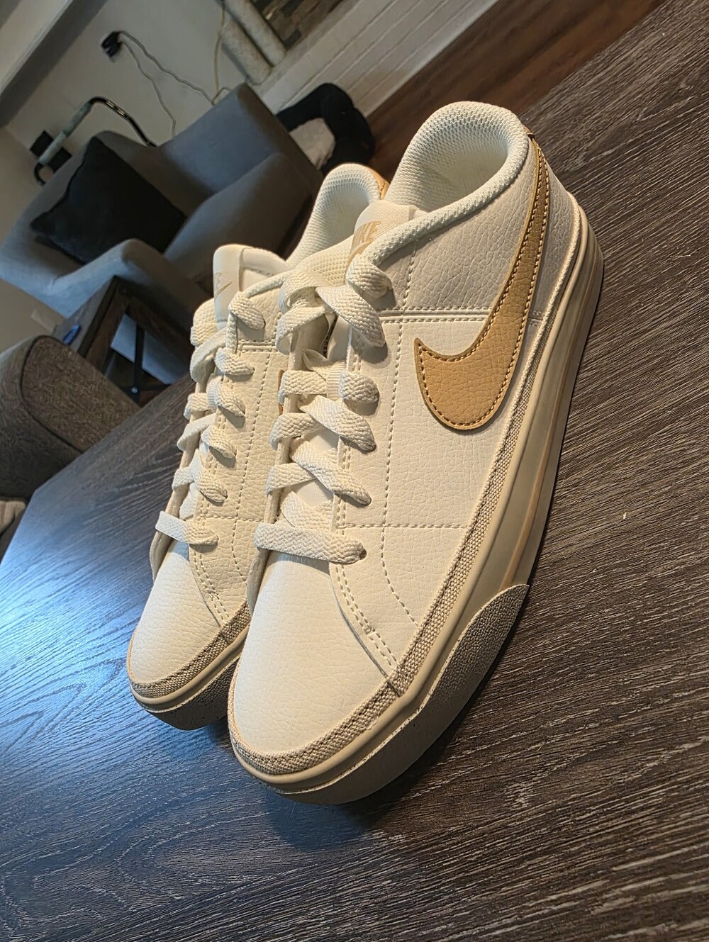Nike Court Legacy-New- Women’s Cream-White Sneakers with Tan Swoosh